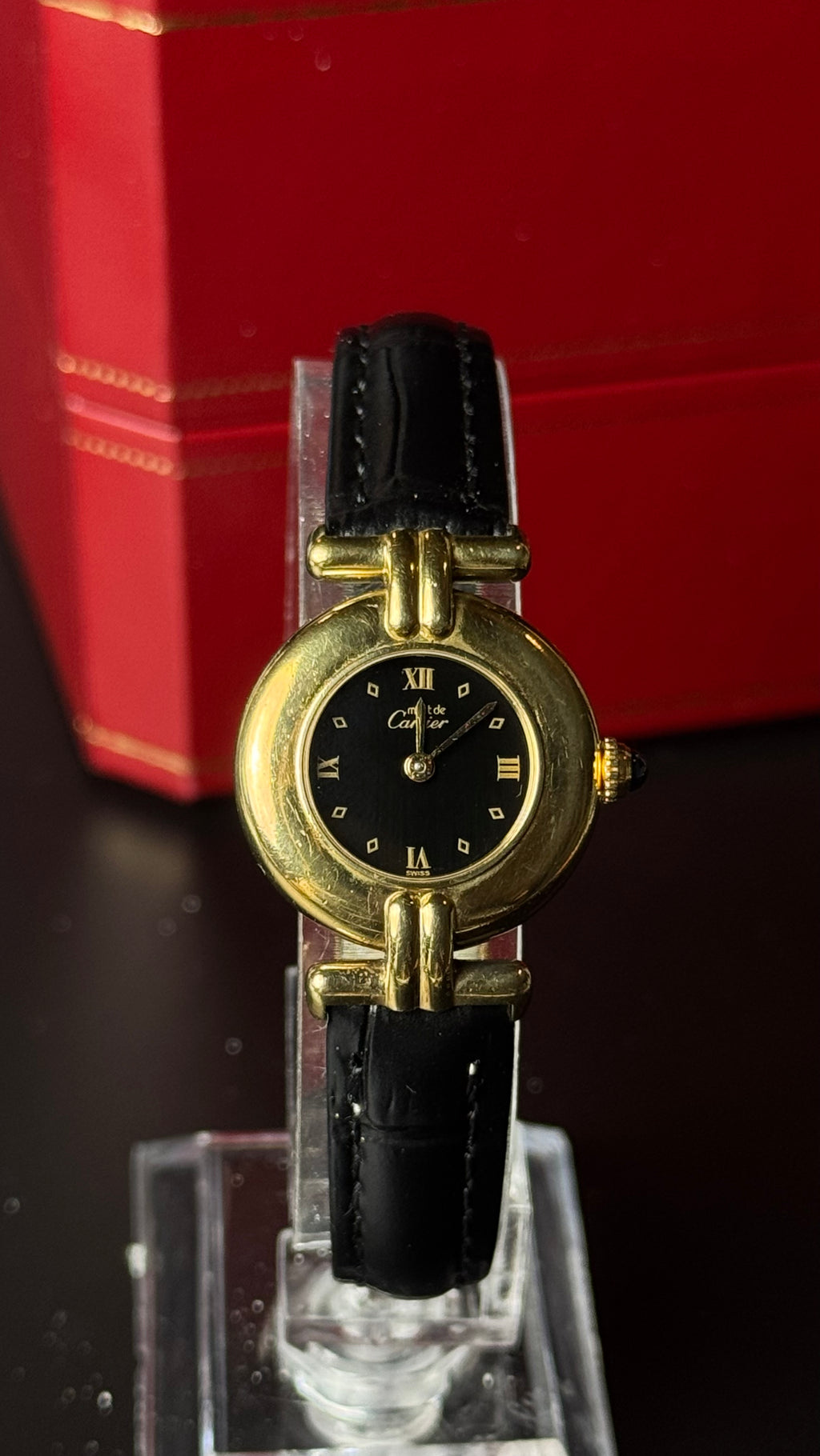 Cartier Must de Cartier Vermeil – zegarek vintage z czarną tarczą i złoconą kopertą
