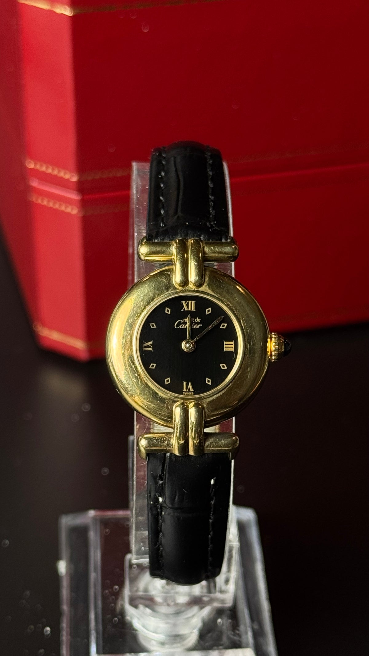 Cartier Must de Cartier Vermeil – zegarek vintage z czarną tarczą i złoconą kopertą