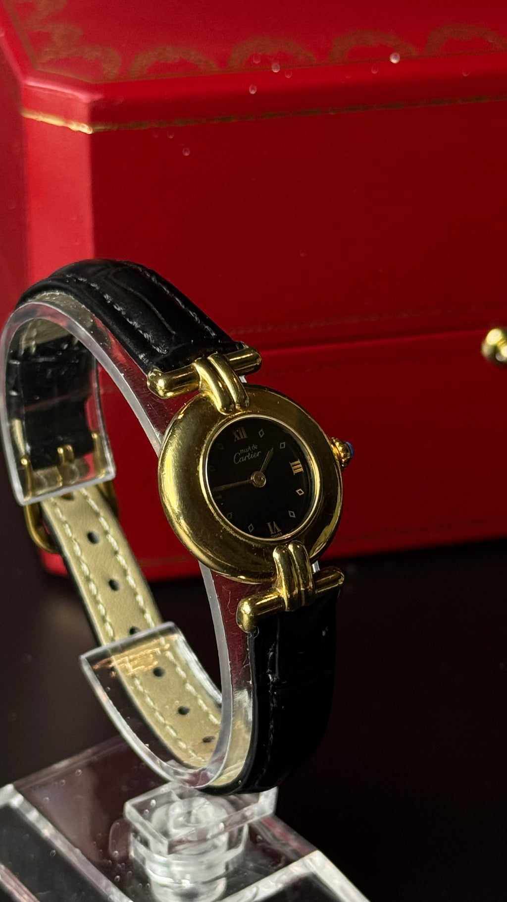 Cartier Must de Cartier Vermeil – zegarek vintage z czarną tarczą i złoconą kopertą