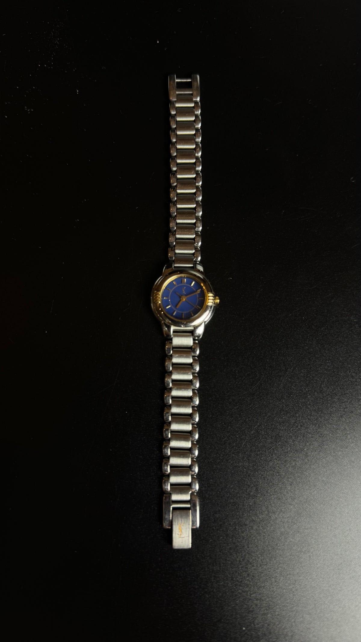 Yves Saint Laurent YSL – damski zegarek vintage z niebieską tarczą