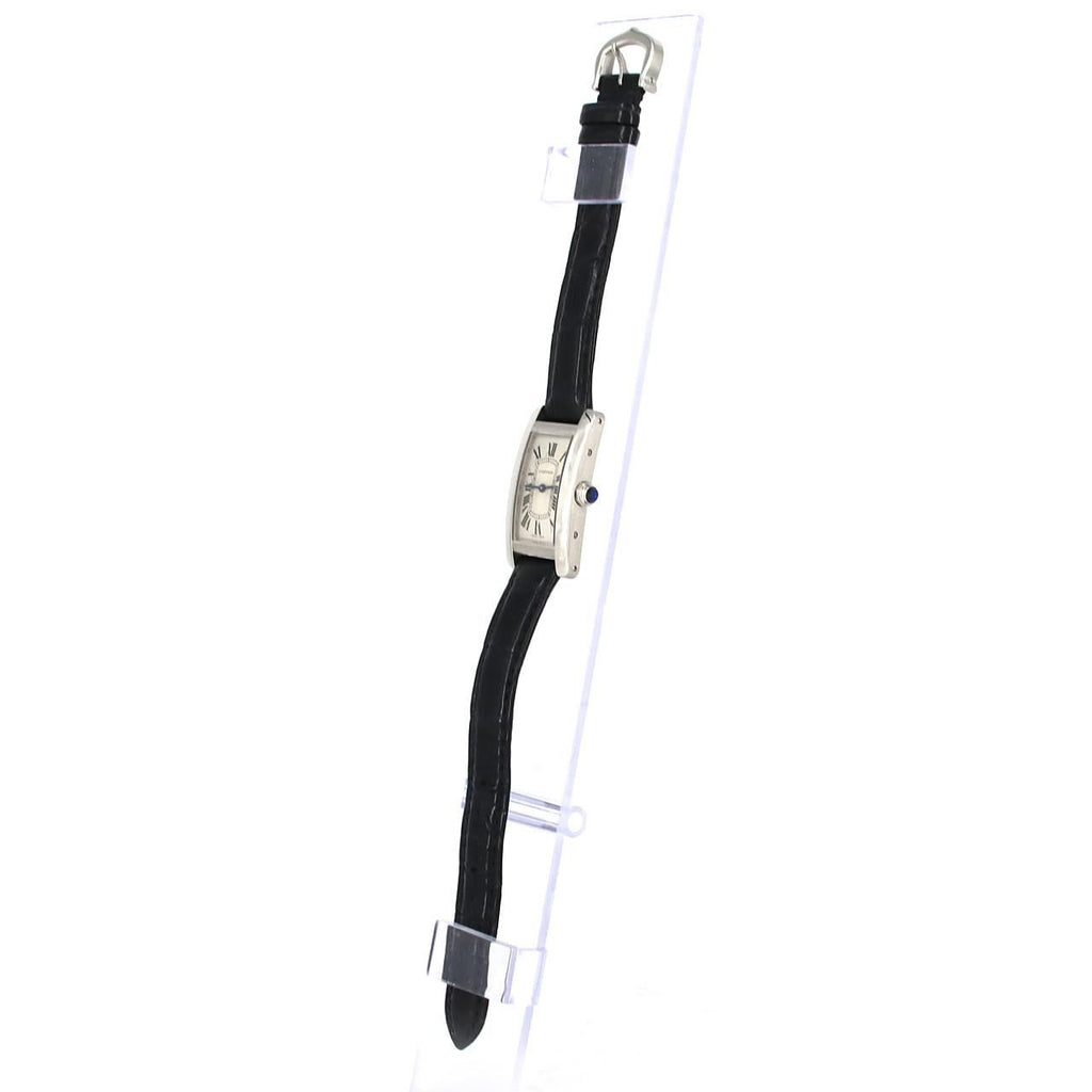 Cartier Tank Américaine SM WSTA0043 – srebrna tarcza z rzymskimi cyframi, niebieski pasek