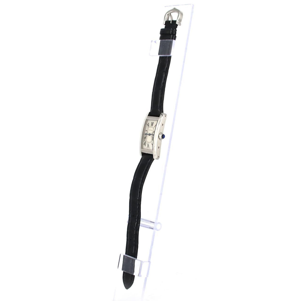 Cartier Tank Américaine SM WSTA0043 – srebrna tarcza z rzymskimi cyframi, niebieski pasek