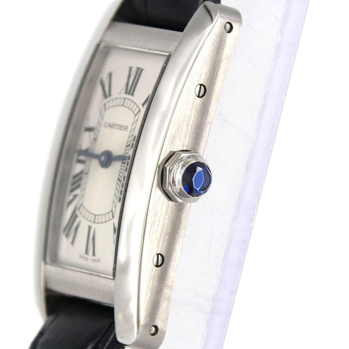 Cartier Tank Américaine SM WSTA0043 – srebrna tarcza z rzymskimi cyframi, niebieski pasek