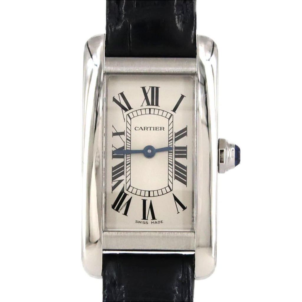 Cartier Tank Américaine SM WSTA0043 – srebrna tarcza z rzymskimi cyframi, niebieski pasek