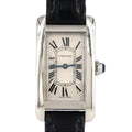 Cartier Tank Américaine SM WSTA0043 – srebrna tarcza z rzymskimi cyframi, niebieski pasek