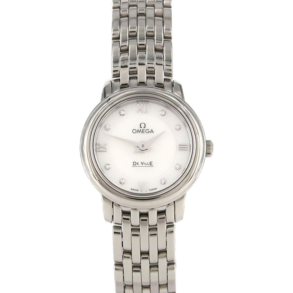 Omega De Ville Prestige 424.10.24.60.55.001 – masa perłowa z 8 diamentami, stalowa bransoleta
