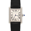 Cartier Tank Must SM WSTA0042 – srebrna tarcza z rzymskimi cyframi, czarny pasek