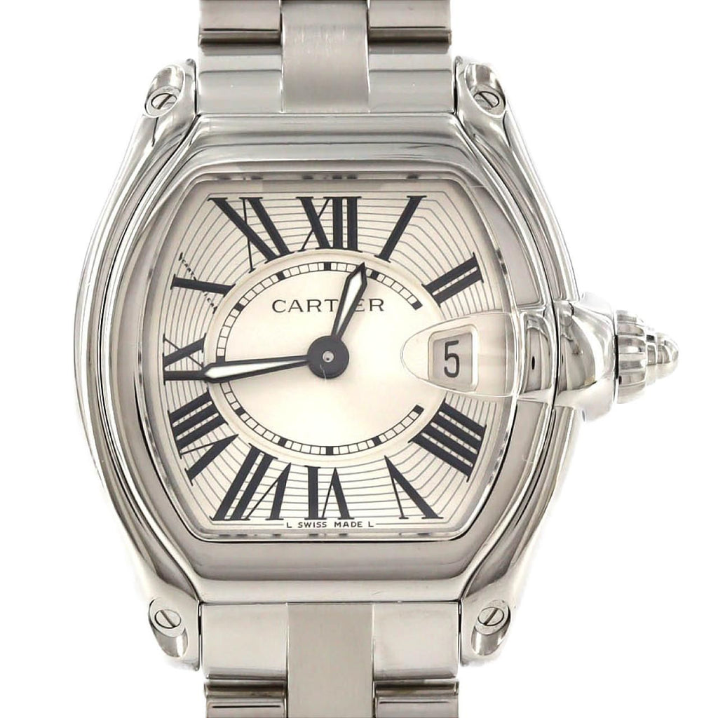 Cartier Roadster SM W62016V3 – srebrna tarcza z rzymskimi cyframi, stalowa bransoleta