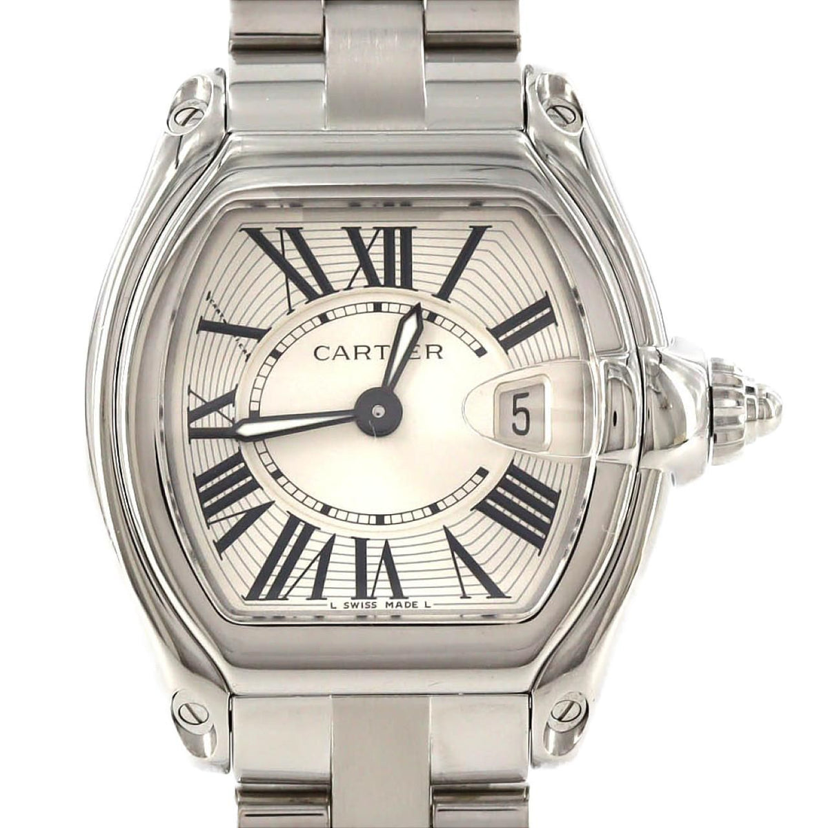Cartier Roadster SM W62016V3 – srebrna tarcza z rzymskimi cyframi, stalowa bransoleta
