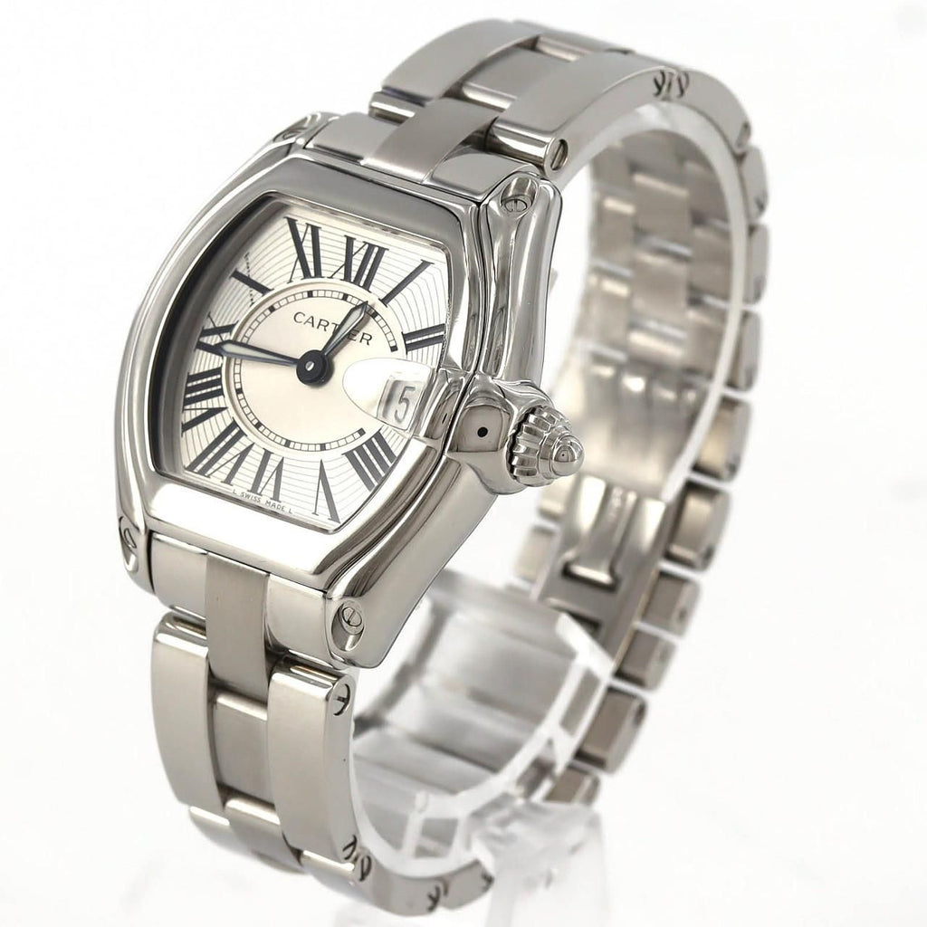 Cartier Roadster SM W62016V3 – srebrna tarcza z rzymskimi cyframi, stalowa bransoleta