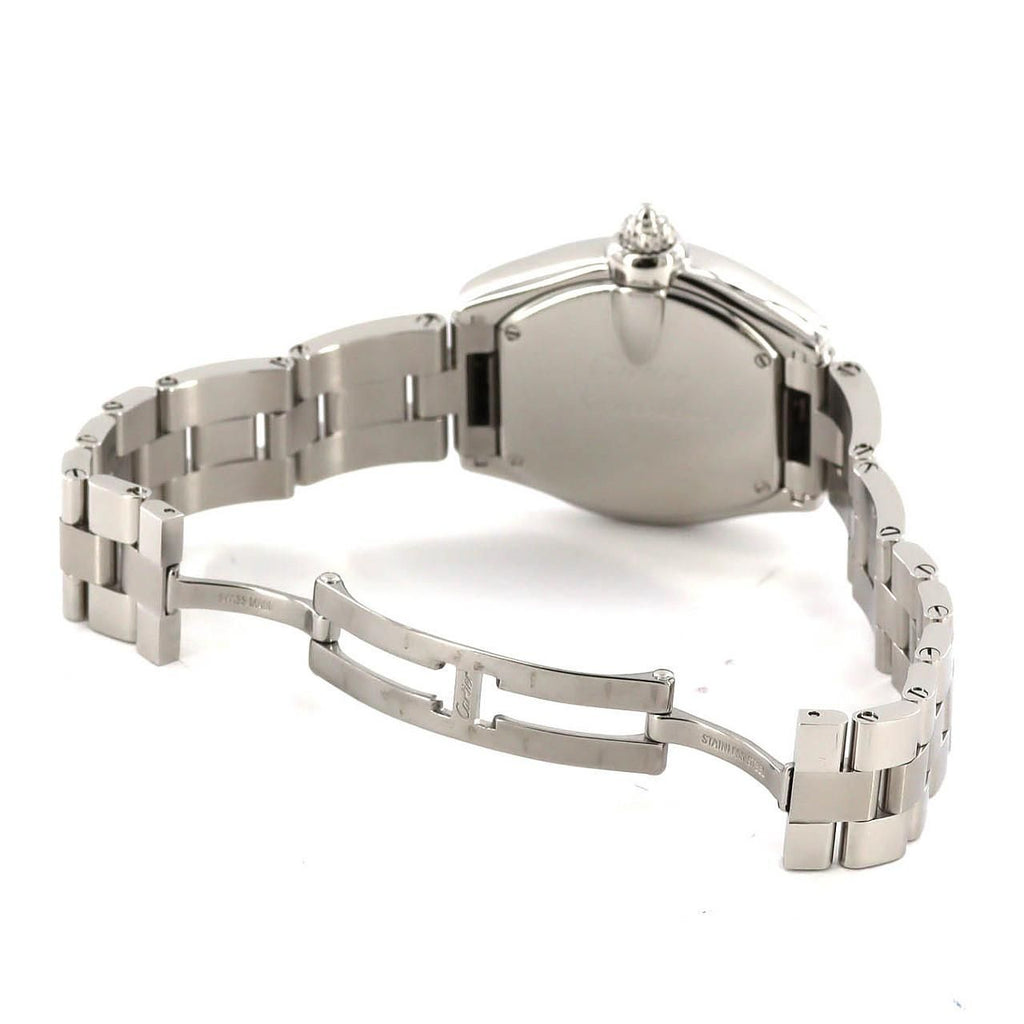 Cartier Roadster SM W62016V3 – srebrna tarcza z rzymskimi cyframi, stalowa bransoleta