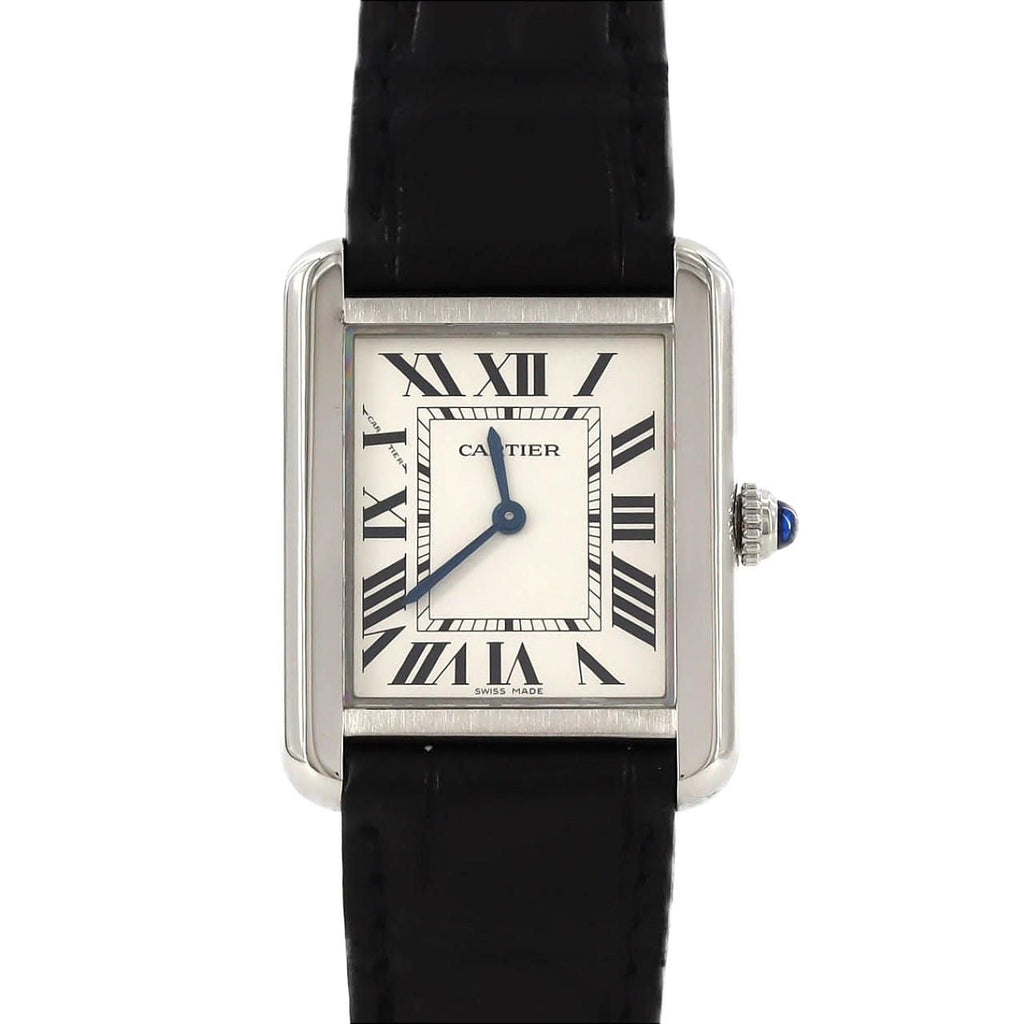 Cartier Tank Solo SM WSTA0030 – srebrna tarcza z rzymskimi cyframi, czarny pasek