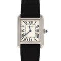 Cartier Tank Solo SM WSTA0030 – srebrna tarcza z rzymskimi cyframi, czarny pasek
