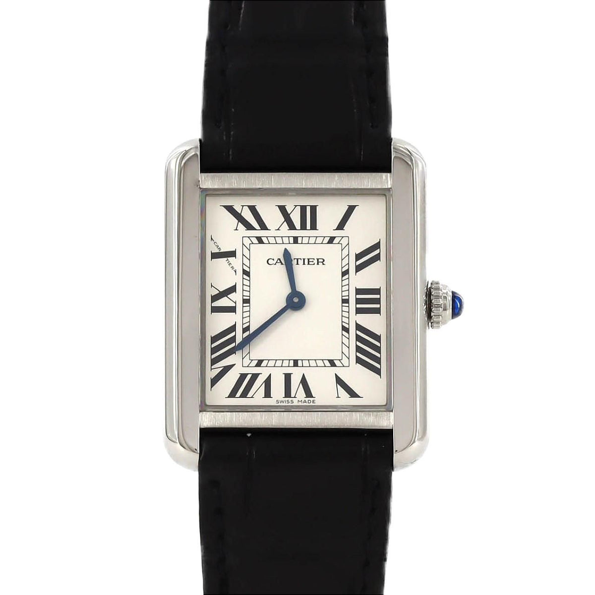 Cartier Tank Solo SM WSTA0030 – srebrna tarcza z rzymskimi cyframi, czarny pasek