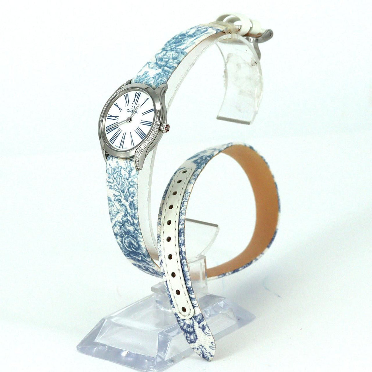 Omega De Ville Mini Trésor 428.17.26.60.04.001 – biała tarcza, diamenty, komplet z dodatkowym paskiem