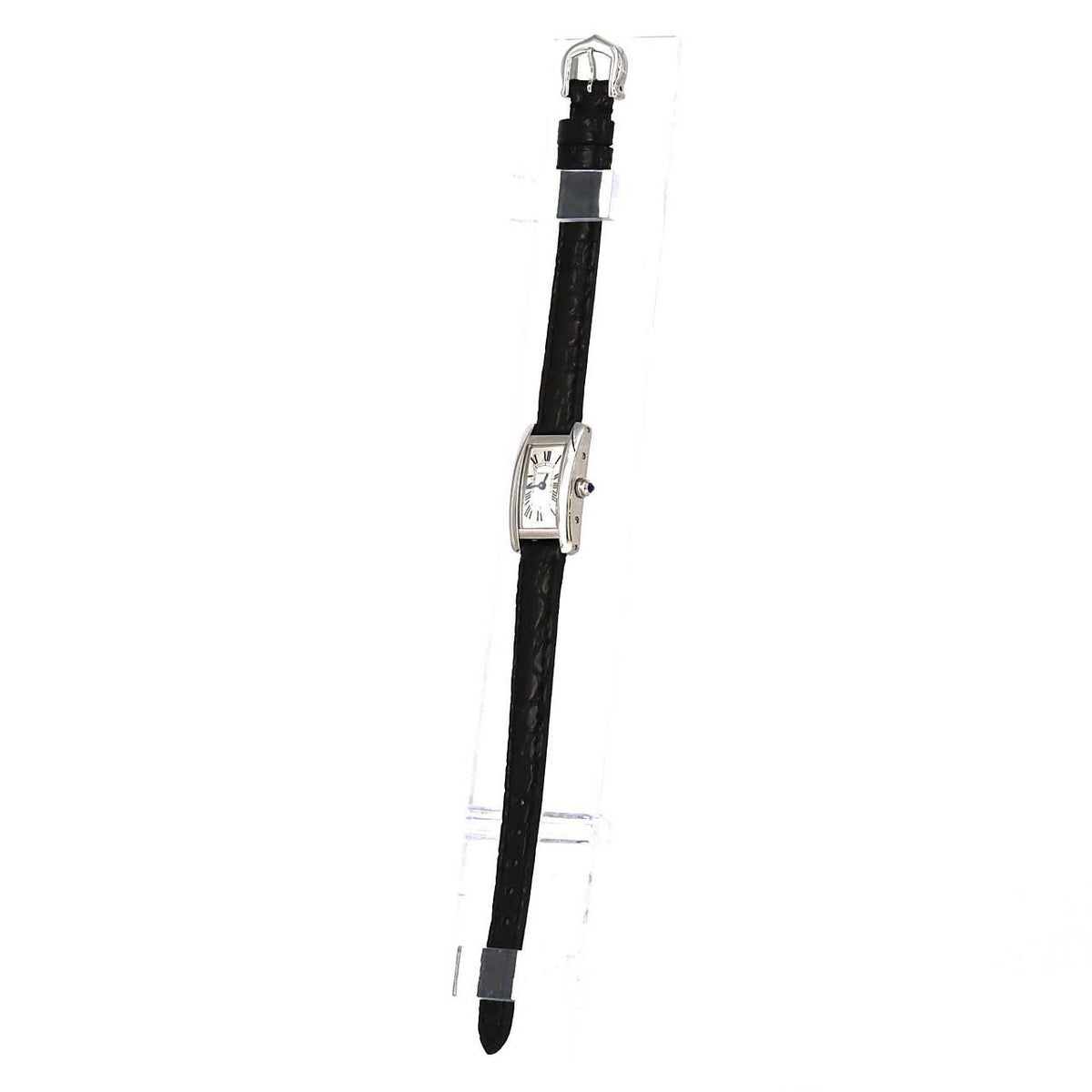 Cartier Mini Tank Américaine WSTA0032 – srebrna tarcza z rzymskimi cyframi, czarny pasek