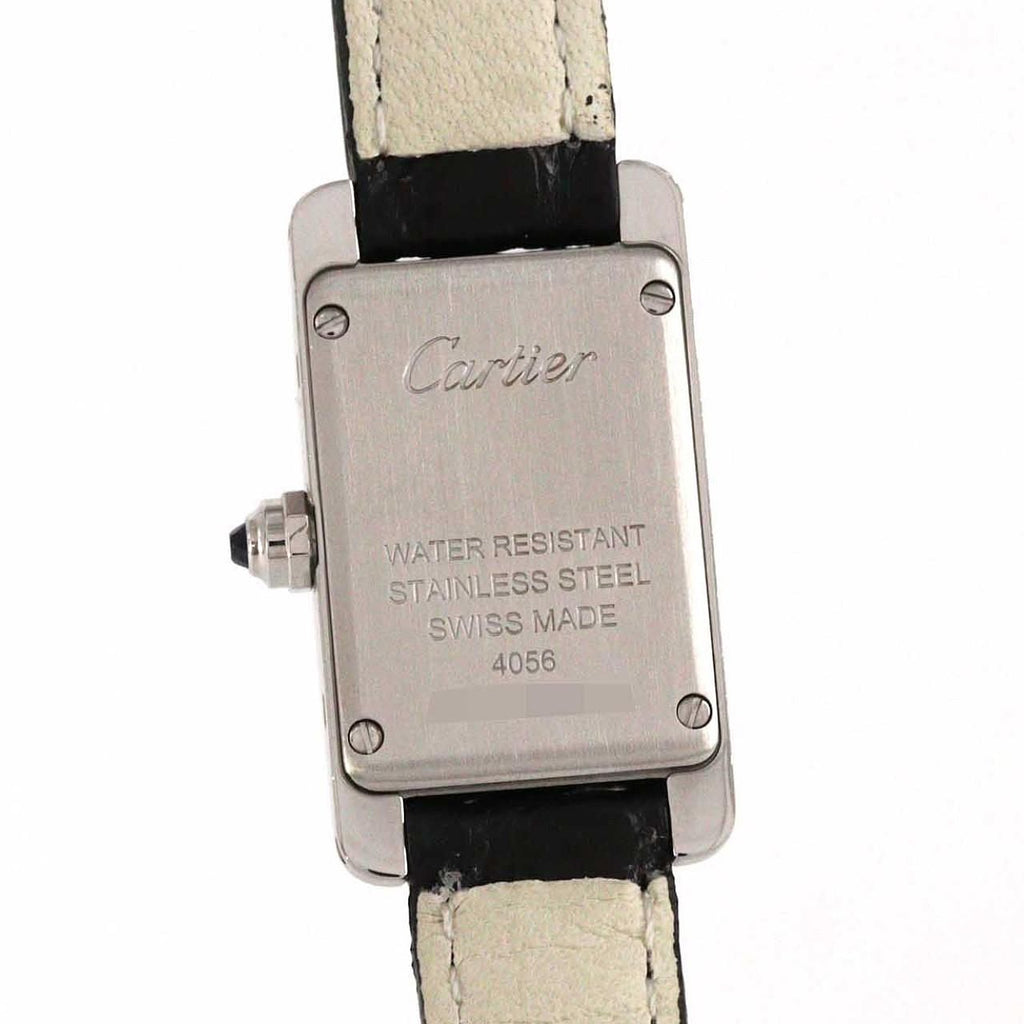 Cartier Mini Tank Américaine WSTA0032 – srebrna tarcza z rzymskimi cyframi, czarny pasek