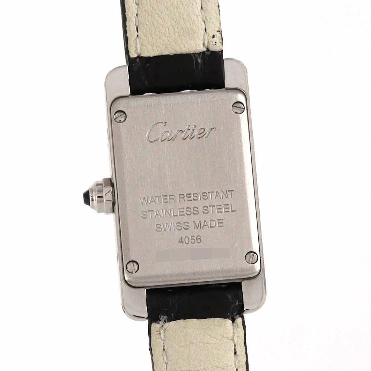 Cartier Mini Tank Américaine WSTA0032 – srebrna tarcza z rzymskimi cyframi, czarny pasek