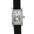 Cartier Mini Tank Américaine WSTA0032 – srebrna tarcza z rzymskimi cyframi, czarny pasek