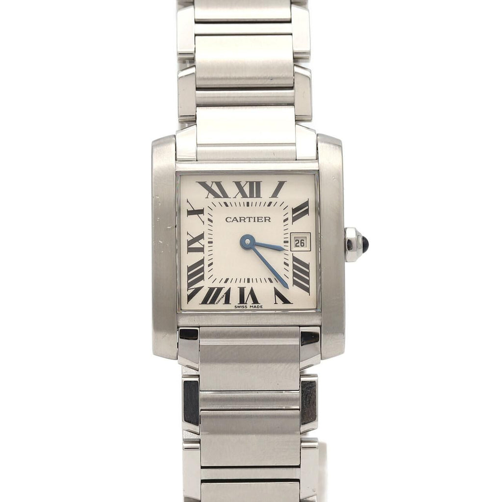 Cartier Tank Française MM W51011Q3 – datownik, srebrna tarcza, stalowa bransoleta