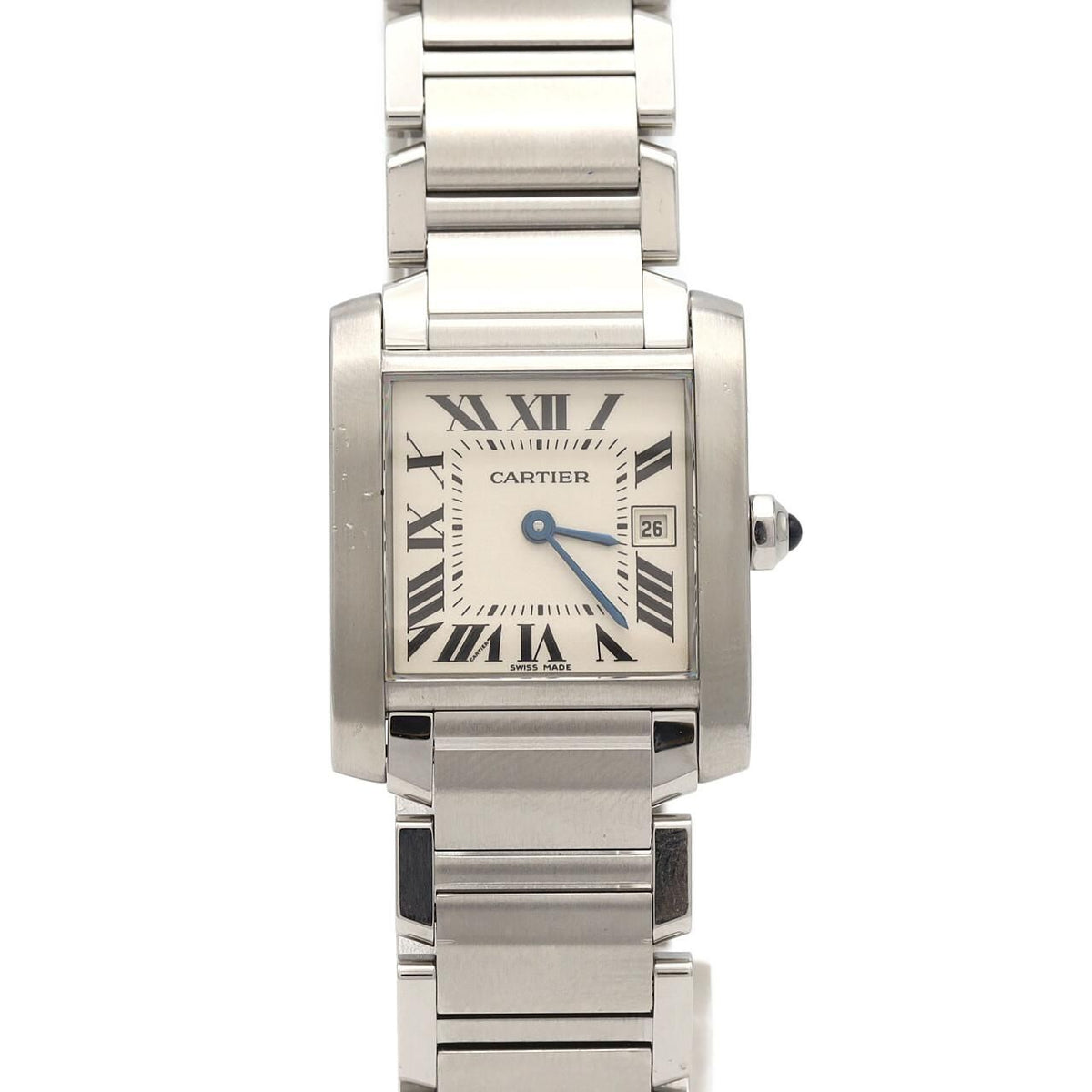 Cartier Tank Française MM W51011Q3 – datownik, srebrna tarcza, stalowa bransoleta
