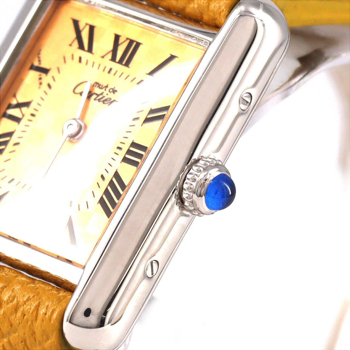 Cartier Must Tank SM W1017654 – srebrna koperta, pomarańczowa tarcza, żółty pasek
