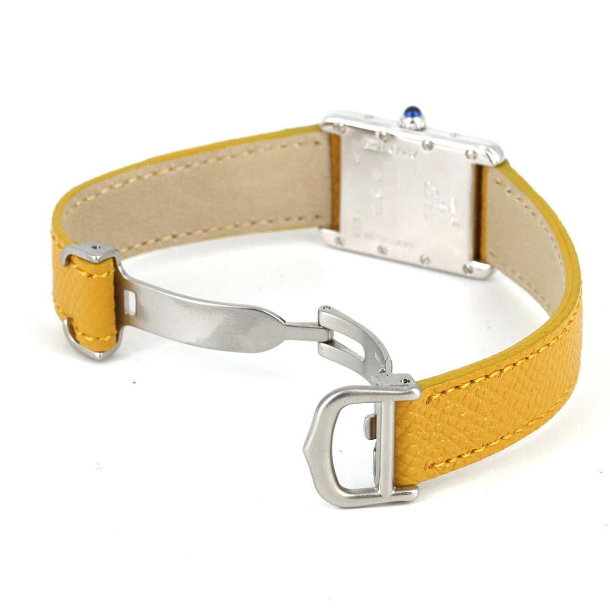 Cartier Must Tank SM W1017654 – srebrna koperta, pomarańczowa tarcza, żółty pasek