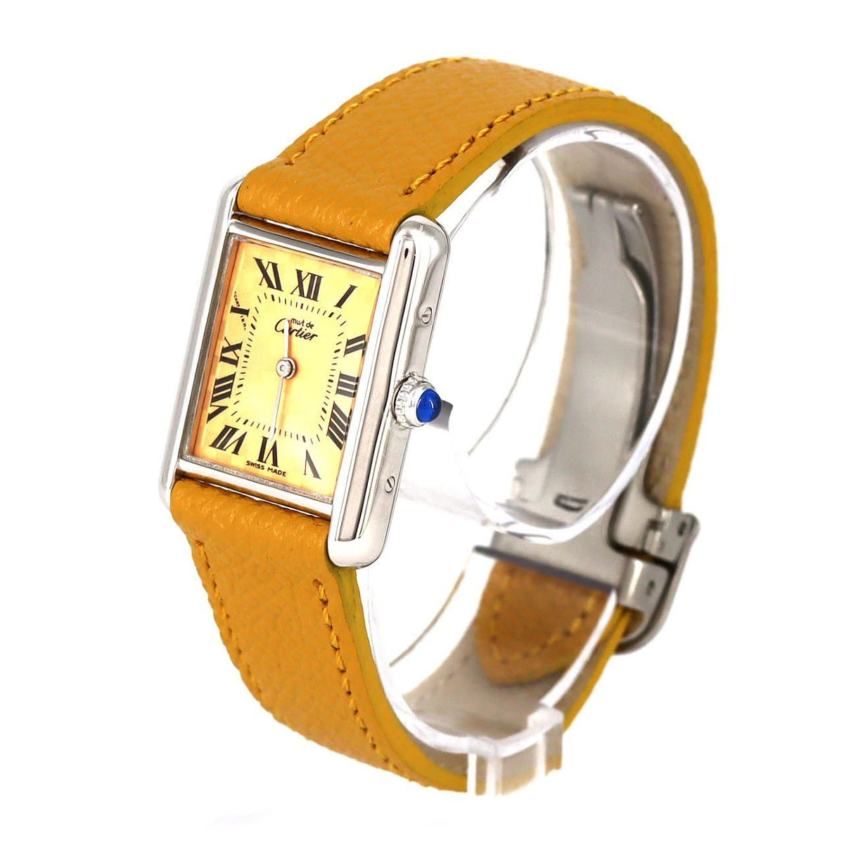 Cartier Must Tank SM W1017654 – srebrna koperta, pomarańczowa tarcza, żółty pasek