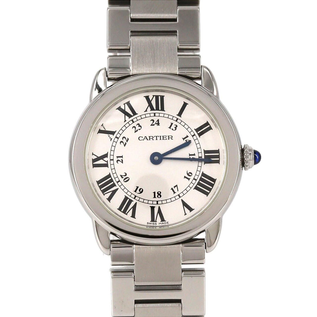 Cartier Ronde Solo SM W6701004 – srebrna tarcza z rzymskimi cyframi, stalowa bransoleta