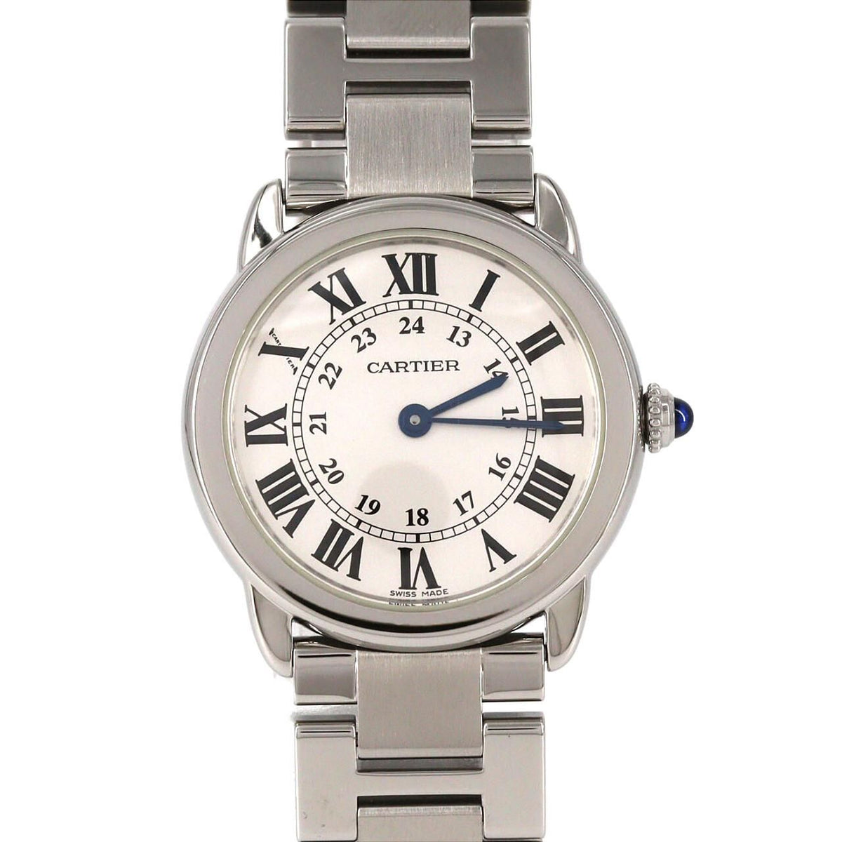 Cartier Ronde Solo SM W6701004 – srebrna tarcza z rzymskimi cyframi, stalowa bransoleta