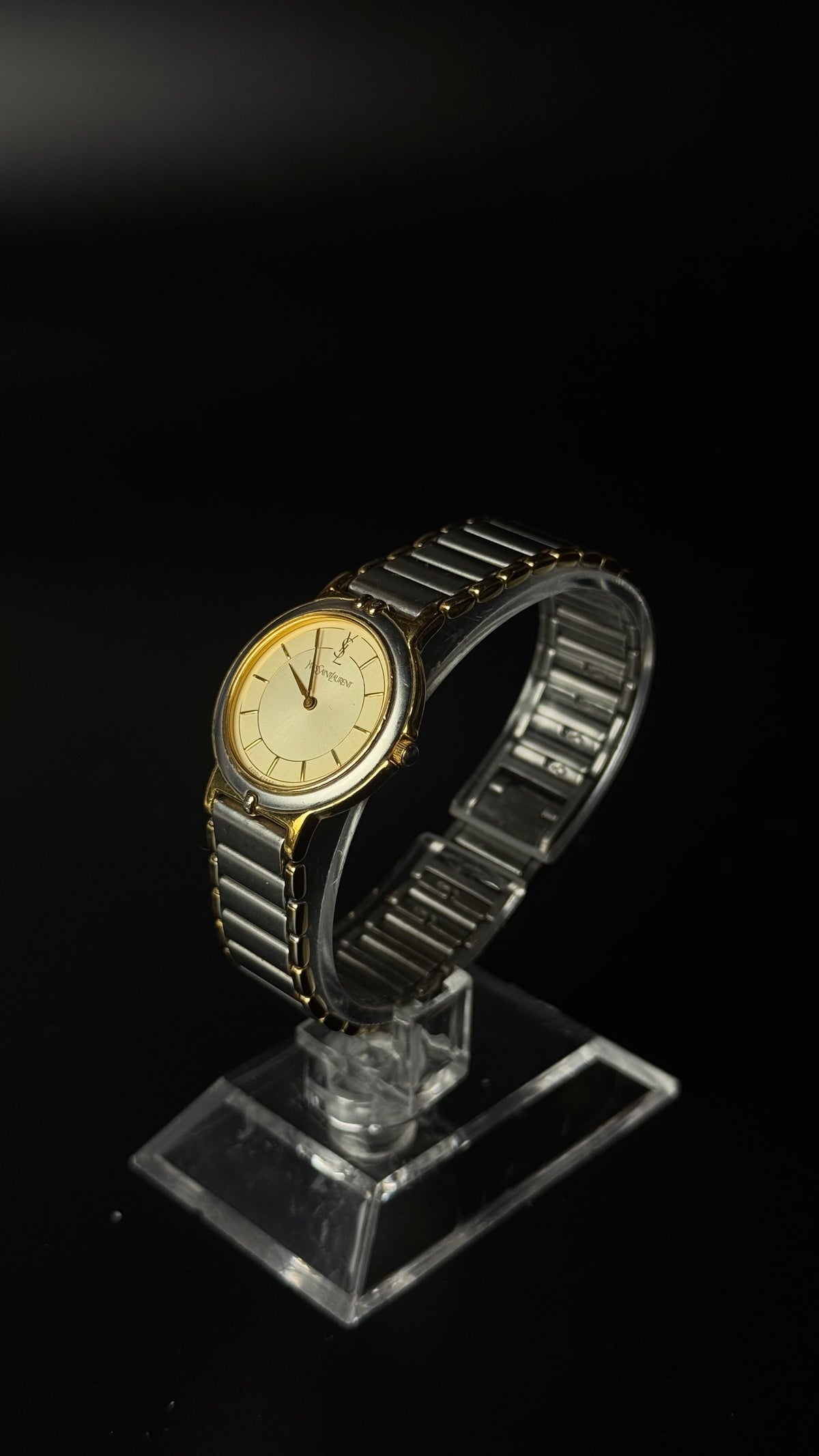 Yves Saint Laurent – zegarek vintage ze złotą tarczą na srebrno-złotej bransolecie