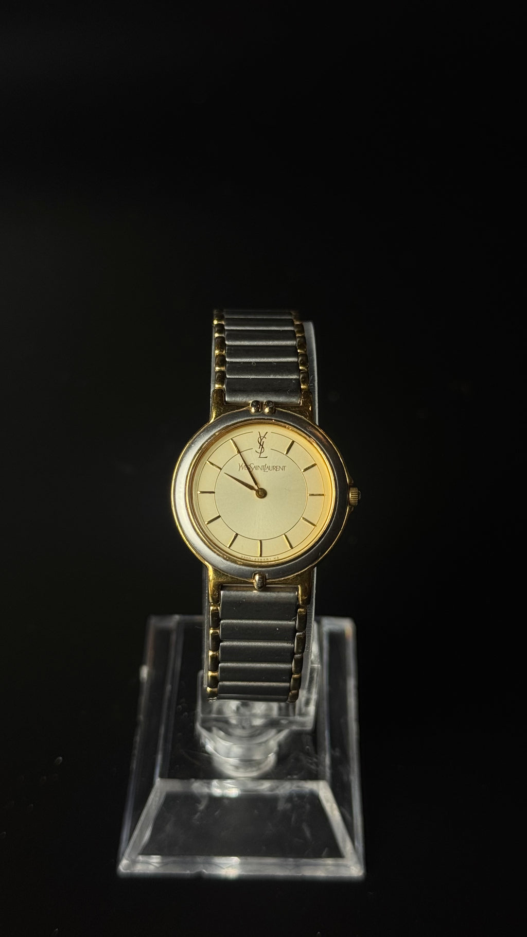 Yves Saint Laurent – zegarek vintage ze złotą tarczą na srebrno-złotej bransolecie