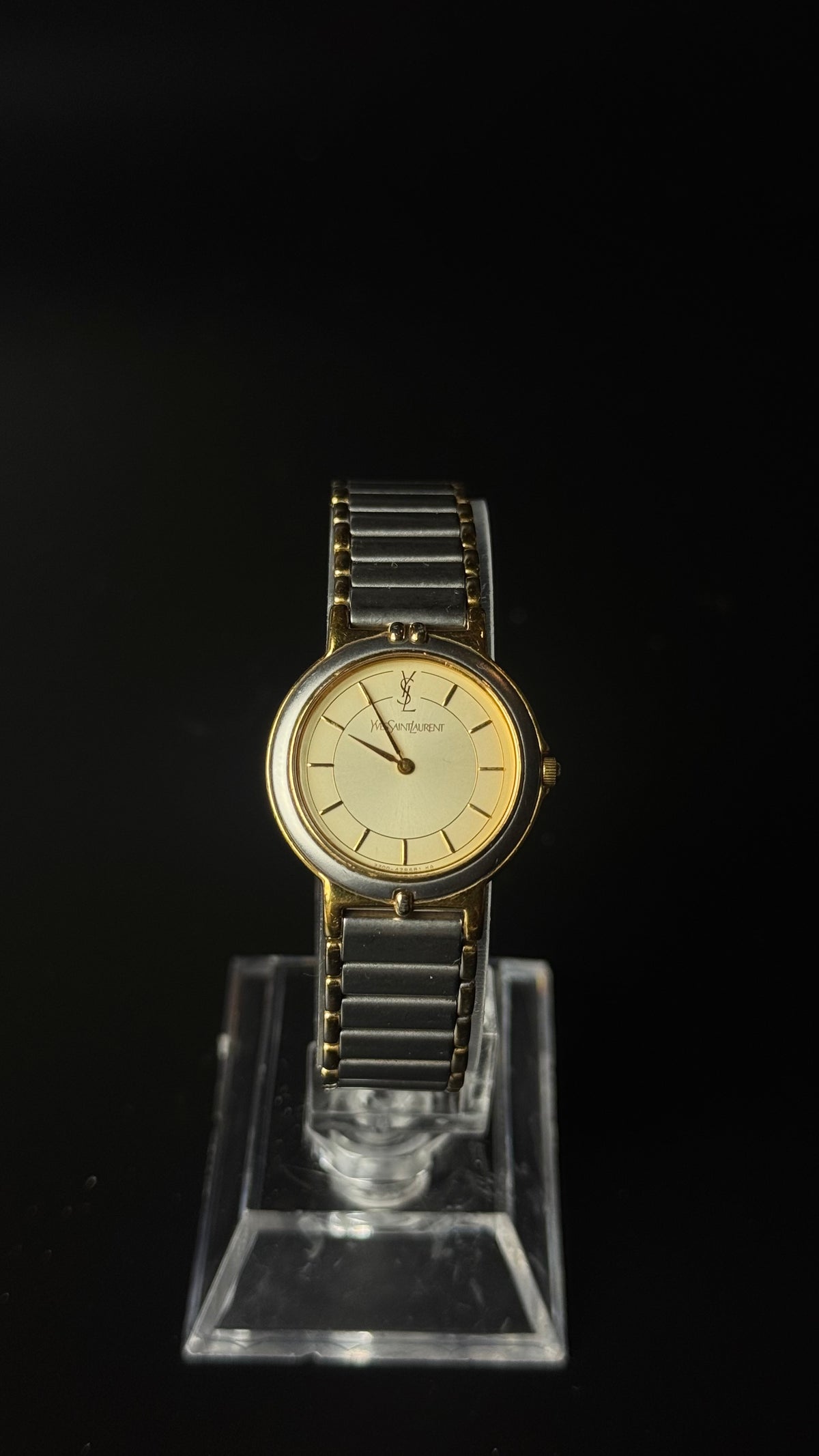 Yves Saint Laurent – zegarek vintage ze złotą tarczą na srebrno-złotej bransolecie