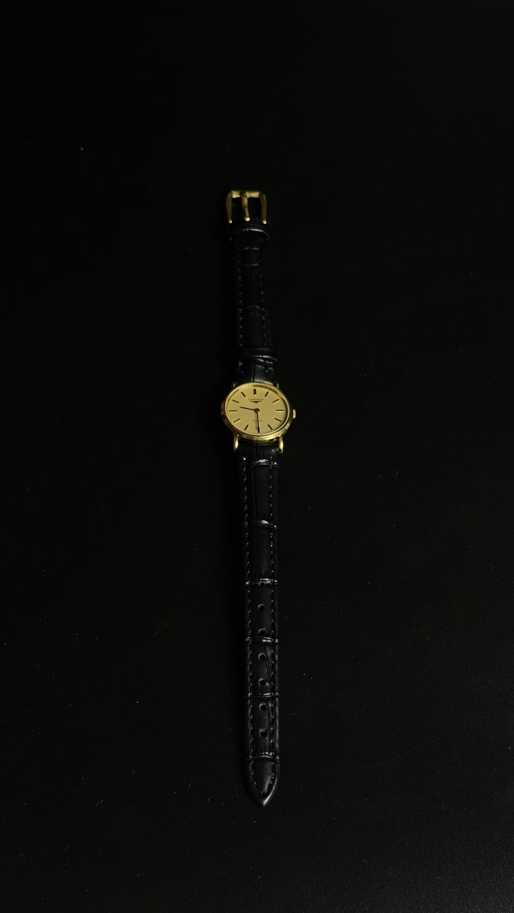 Longines Quartz – damski zegarek vintage z czarnym paskiem
