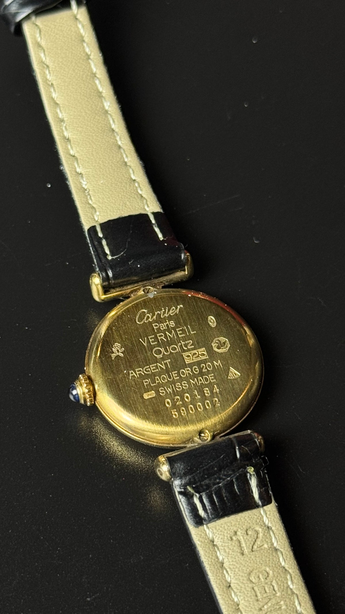 Cartier Must de Cartier Vermeil – zegarek vintage z czarną tarczą i złoconą kopertą