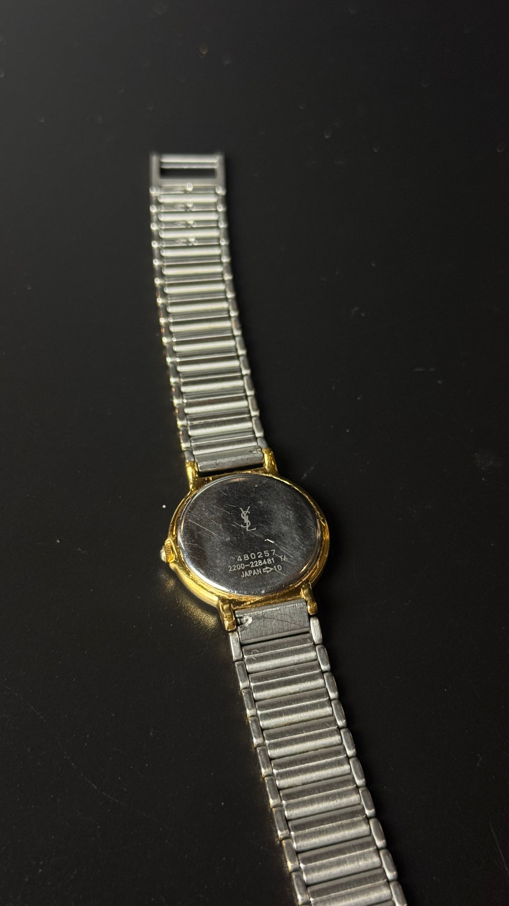 Yves Saint Laurent – zegarek vintage ze złotą tarczą na srebrno-złotej bransolecie