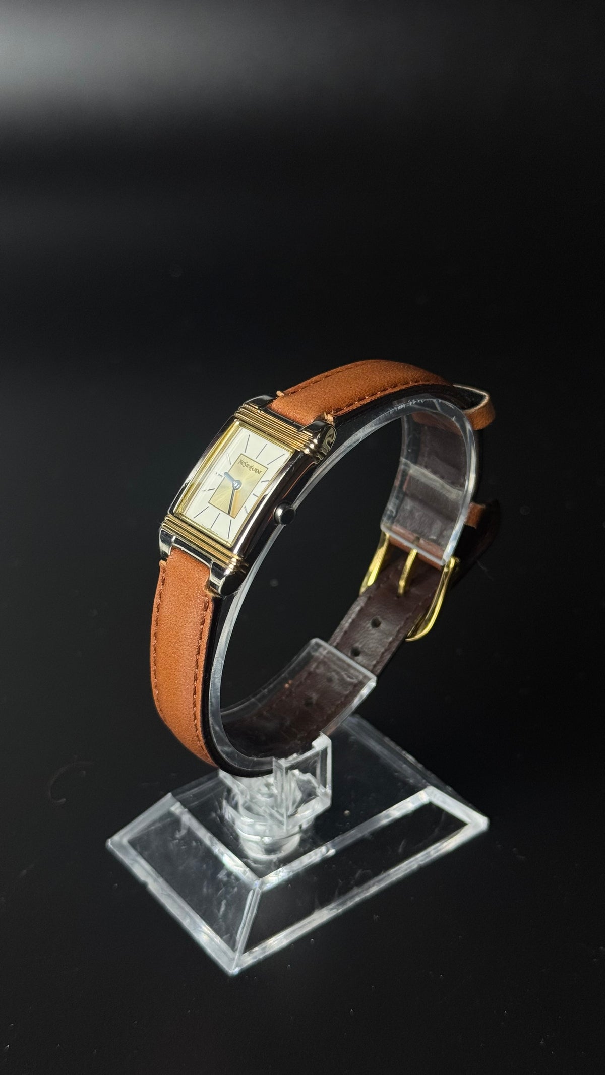 Yves Saint Laurent – prostokątny zegarek vintage na koniakowym pasku
