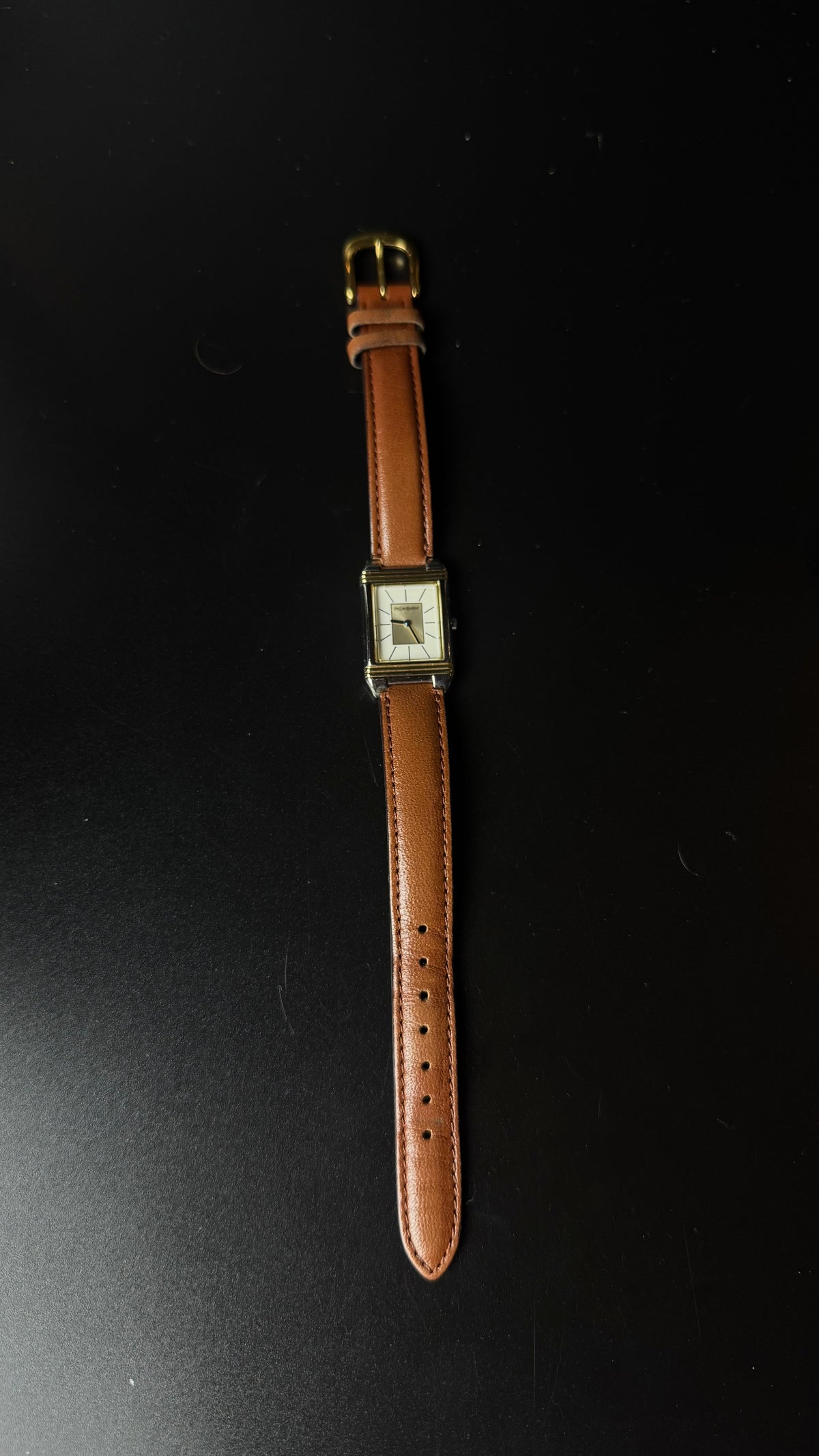 Yves Saint Laurent – prostokątny zegarek vintage na koniakowym pasku