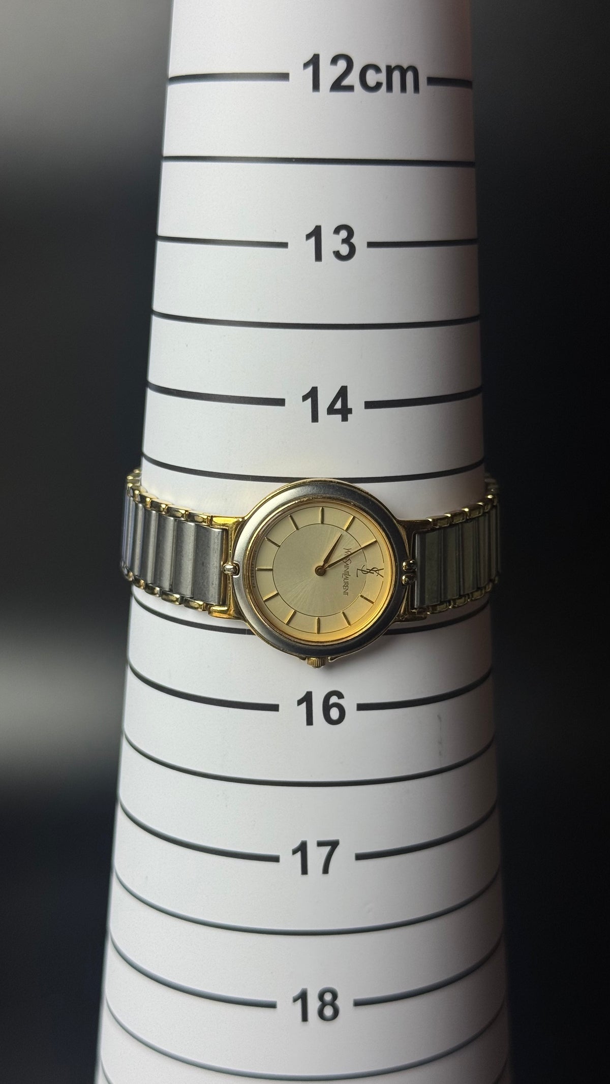 Yves Saint Laurent – zegarek vintage ze złotą tarczą na srebrno-złotej bransolecie
