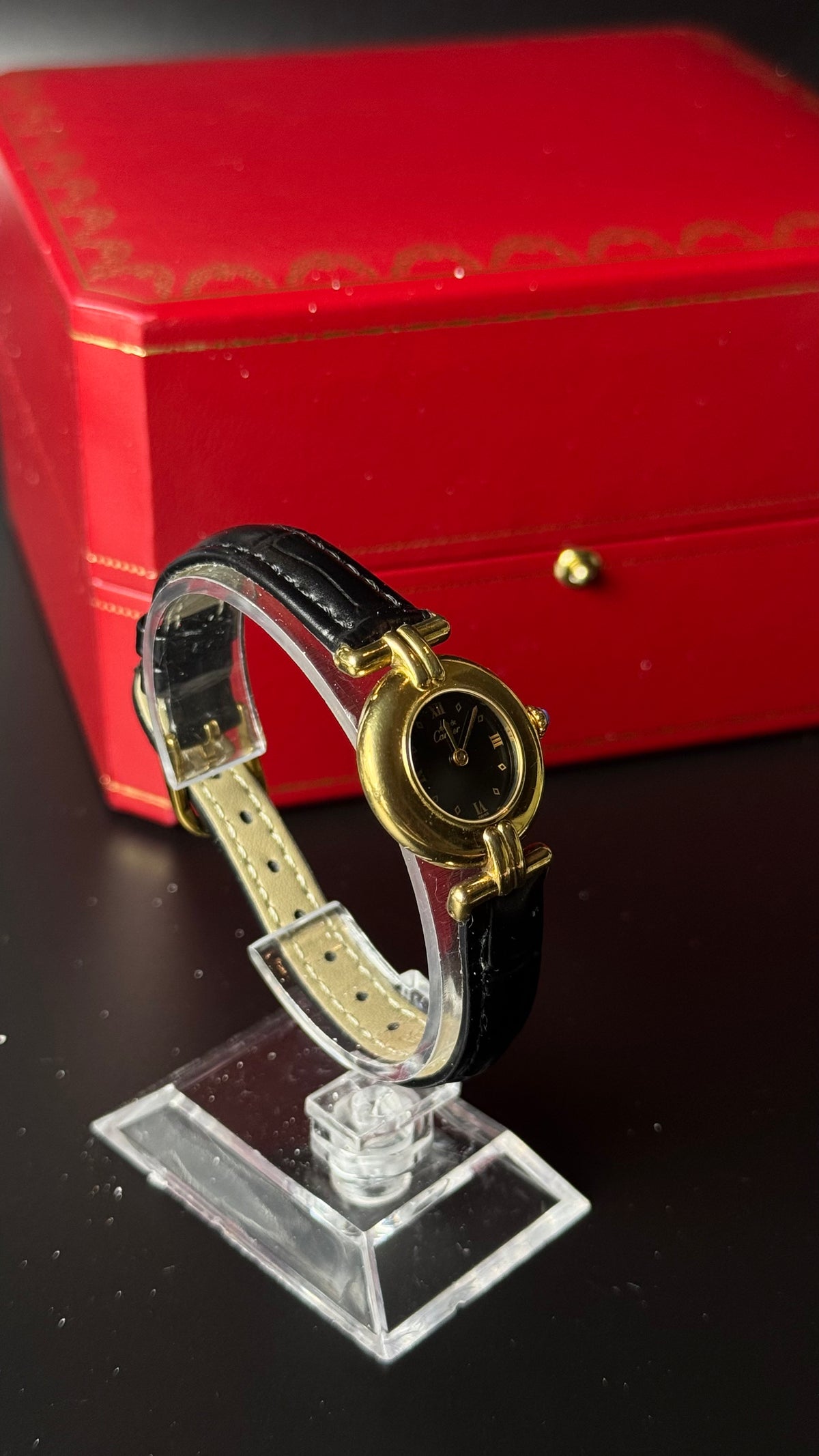 Cartier Must de Cartier Vermeil – zegarek vintage z czarną tarczą i złoconą kopertą