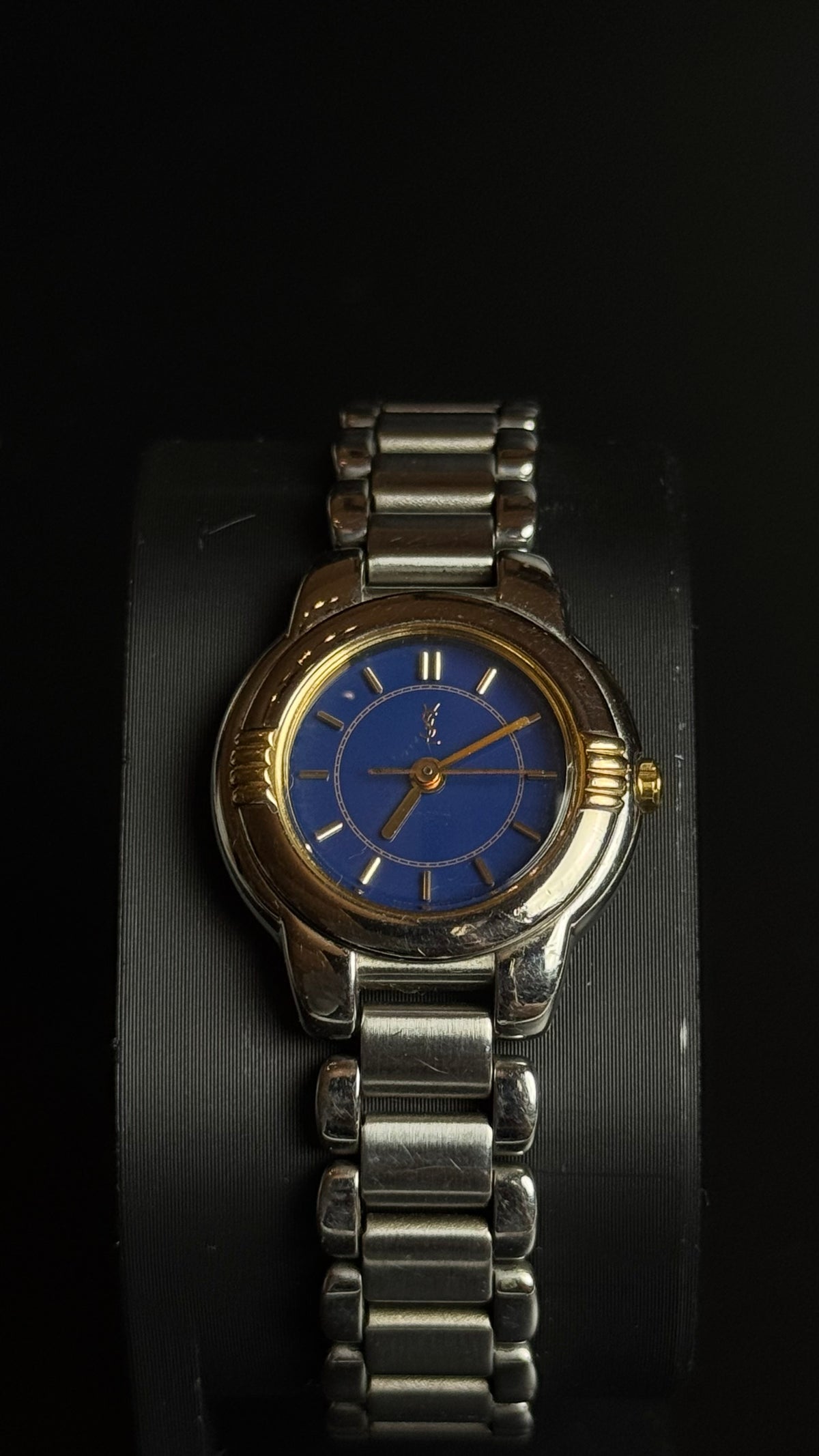 Yves Saint Laurent YSL – damski zegarek vintage z niebieską tarczą