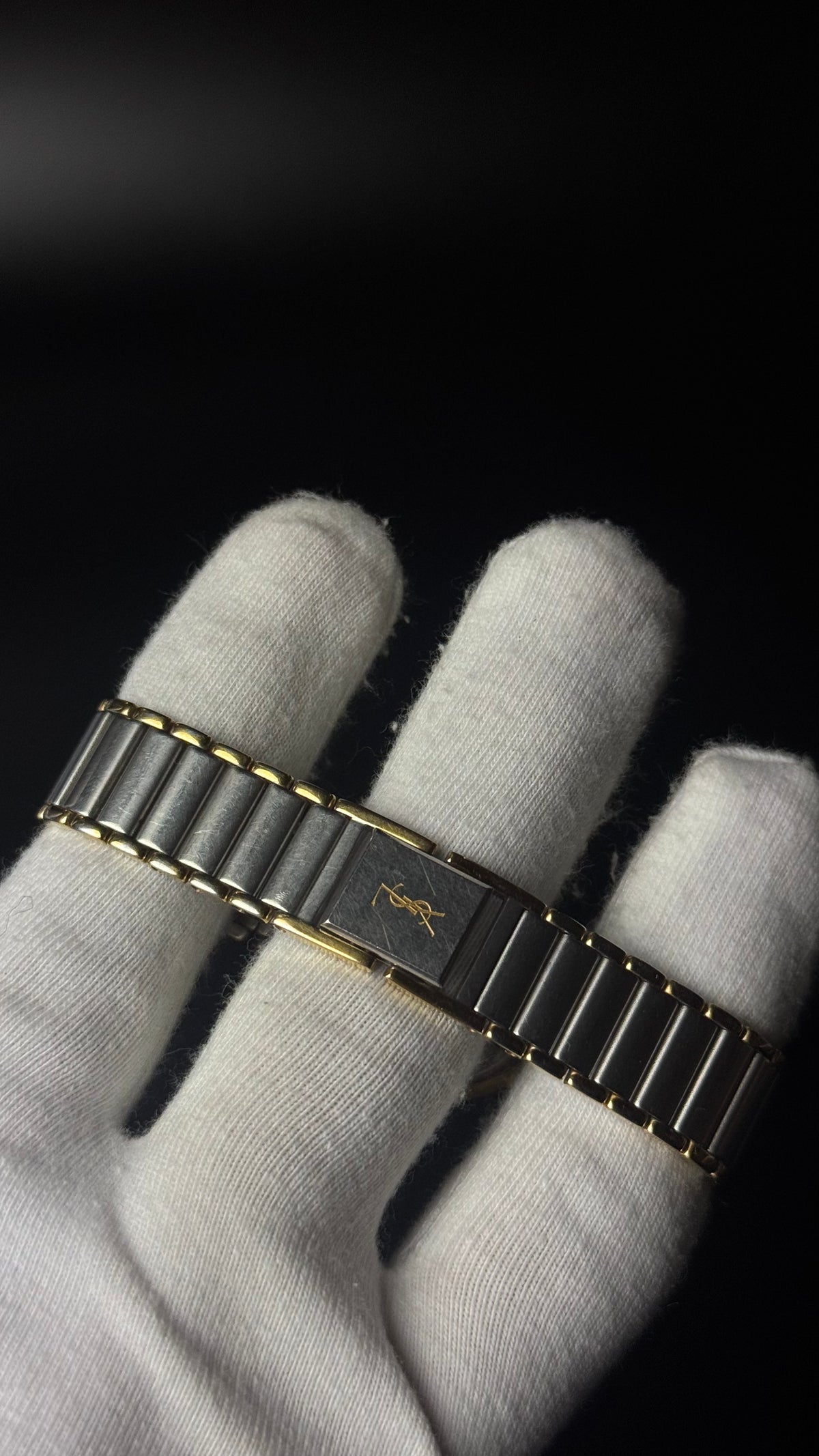 Yves Saint Laurent – zegarek vintage ze złotą tarczą na srebrno-złotej bransolecie