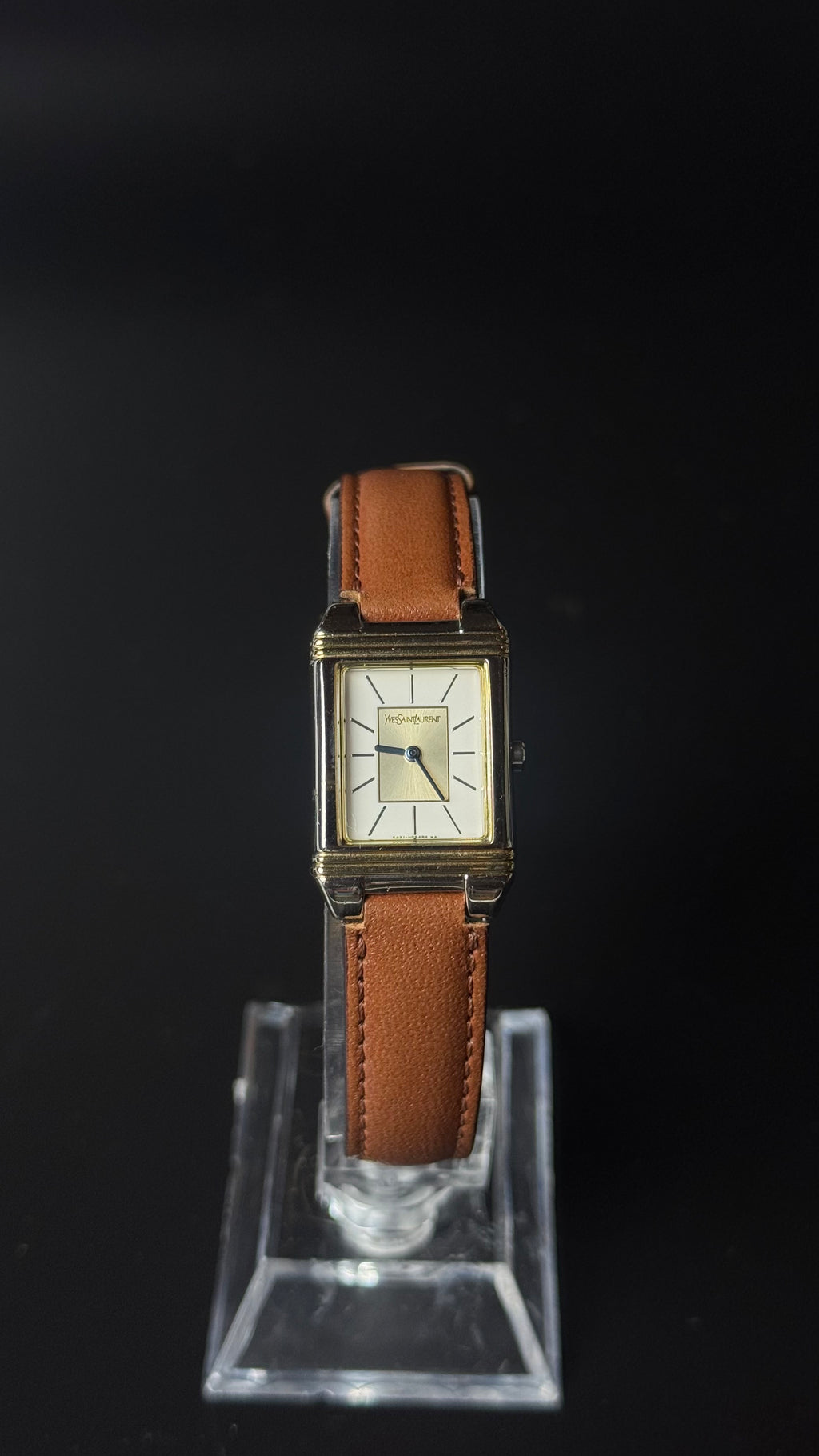 Yves Saint Laurent – prostokątny zegarek vintage na koniakowym pasku