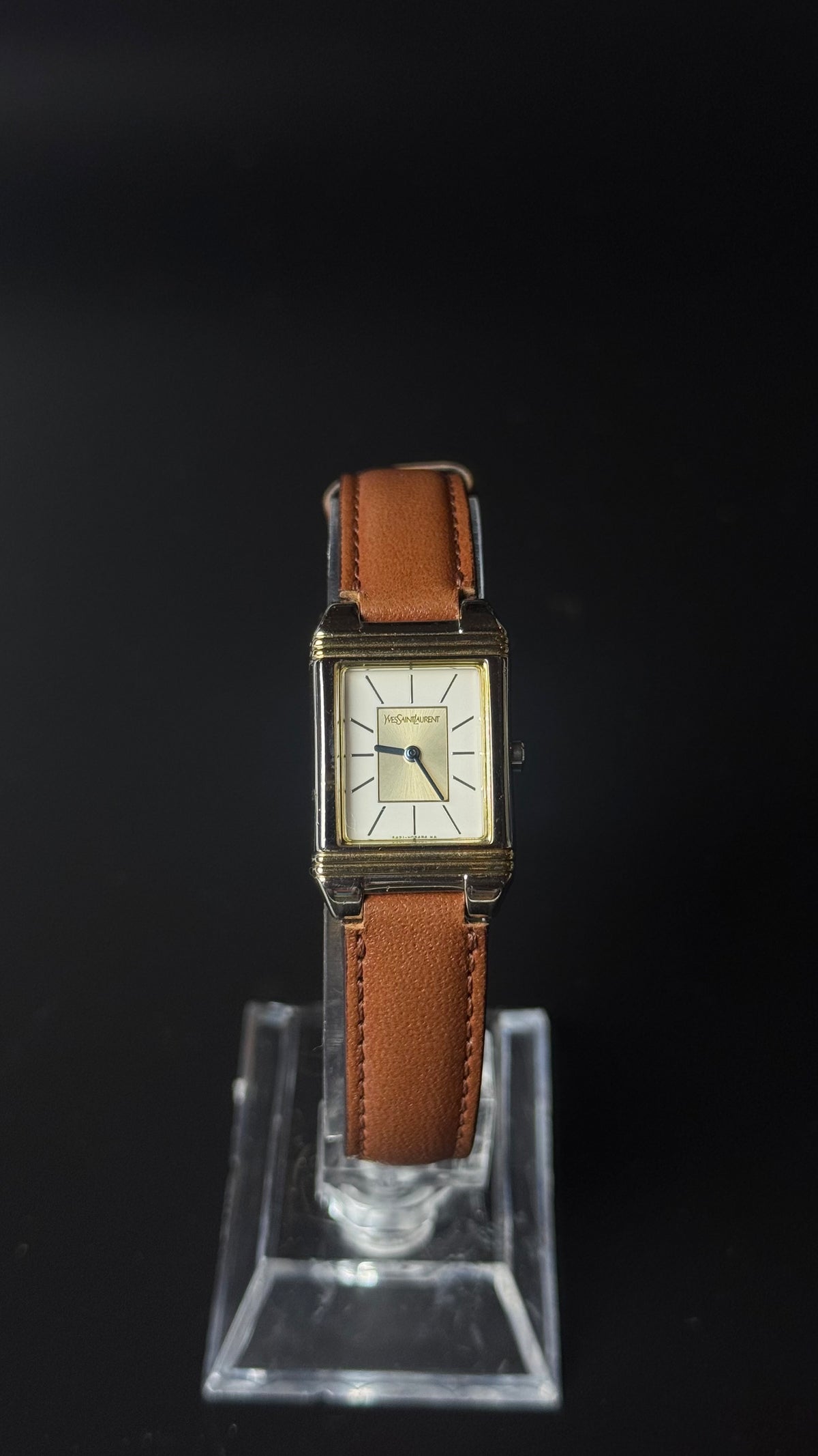 Yves Saint Laurent – prostokątny zegarek vintage na koniakowym pasku